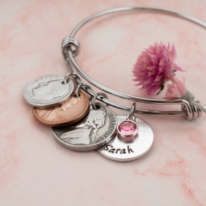 1950 Coin Name Bracelet, Personalized 75th Birthday Gift for Mom, 75th Anniversary Present for Grandma, Nana, Mother in Law, Milestone Gift