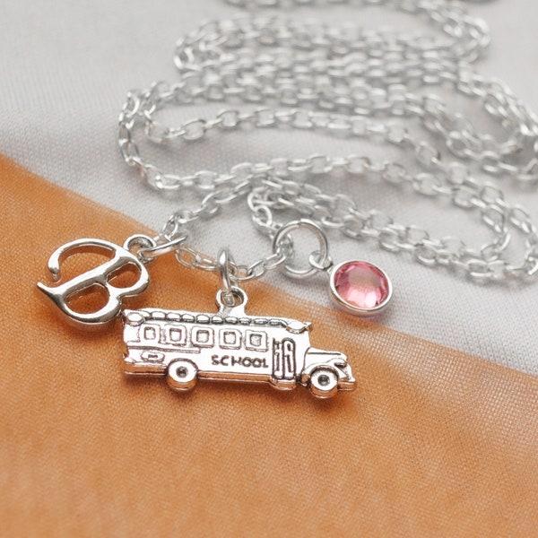 School Bus Charm Necklace with Personalized Birthstone and Initial, Gift for Bus Driver Appreciation, Present for Teacher Student Child Girl