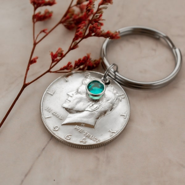 1964 Silver Half Dollar Coin Keychain Keyring, 60th Birthday Gift for Mom, Thoughtful Milestone Anniversary Present for Grandma