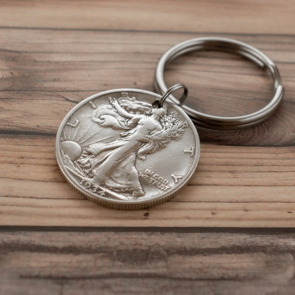 1934 Silver Half Dollar Coin Keychain, Free Shipping Milestone 90th Birthday Gift for Grandfather Memorable Vintage Birthday Gift for Father