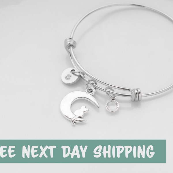 Cat on the Moon Bracelet with Personalized Birthstone and Initial, Free Shipping, Girls Cat Jewelry, Celestial Cat Themed Gift, Cat Related