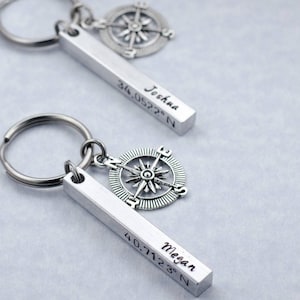 Personalized Coordinate Keychains Valentine's Day Gift Custom Engraved Latitude Longitude Key Rings Long Distance Relationship Separation image 1