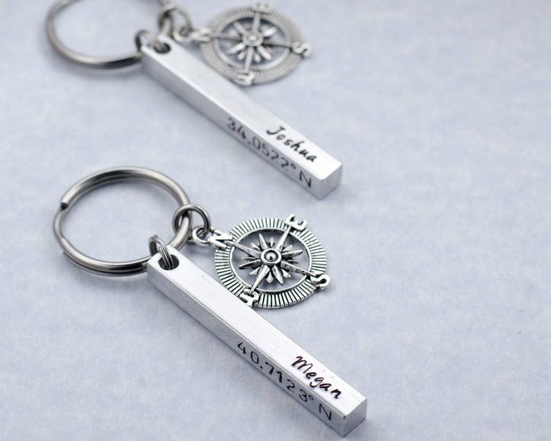 Personalized Coordinate Keychains Valentine's Day Gift Custom Engraved Latitude Longitude Key Rings Long Distance Relationship Separation image 1