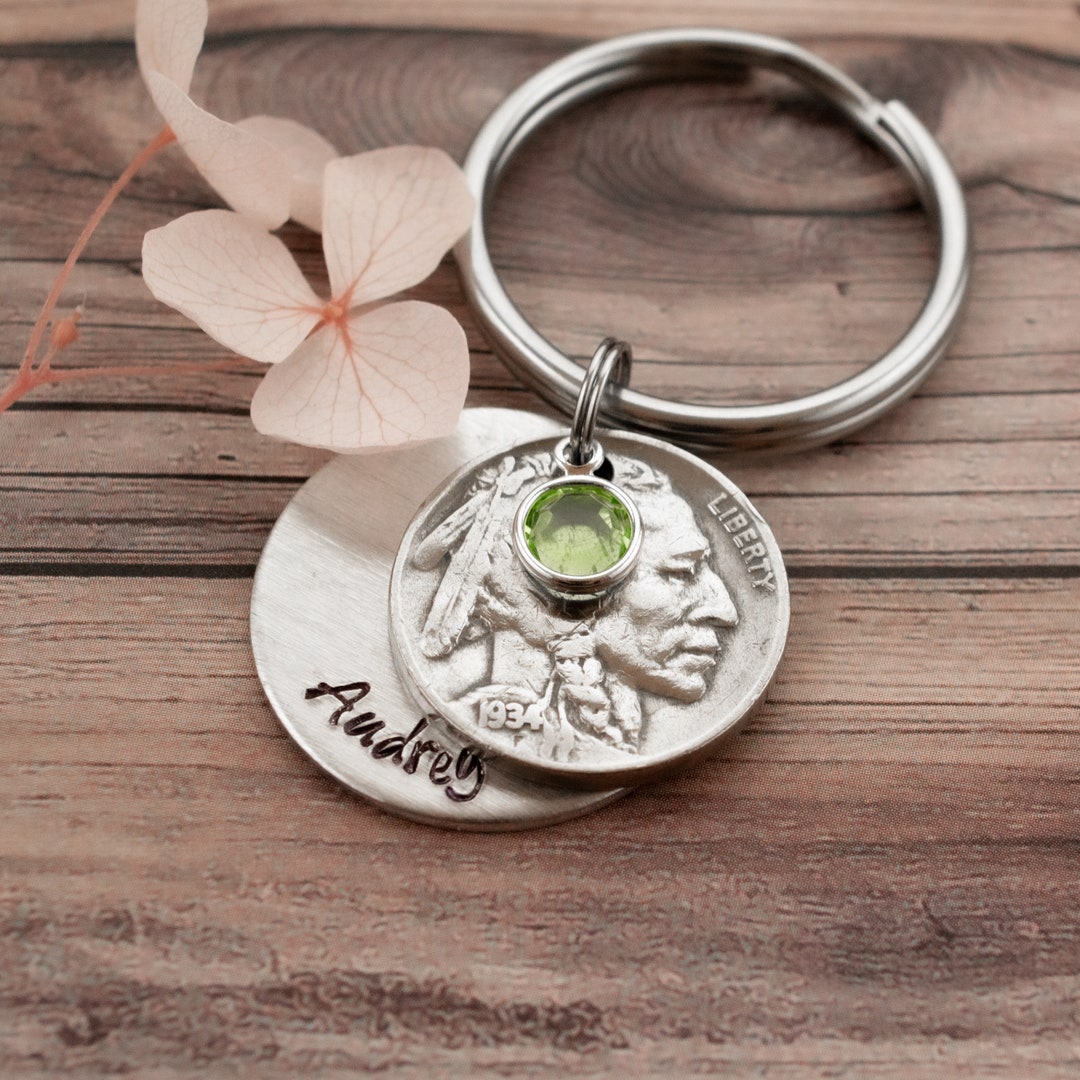 1934 Nickel Keychain With Name Disc, Unique Personalized 90th Birthday
