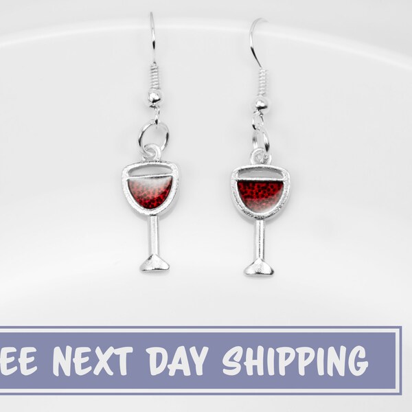 Wine Glass Earrings, Free Shipping, Wine Connoisseur Gift, Enamel Red Wine, Simple Elegant Wine Lover Present