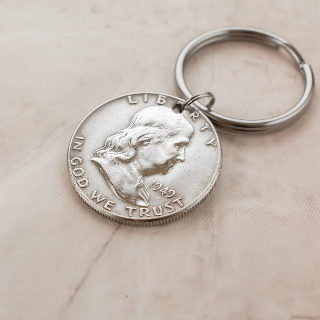 1949 Silver Half Dollar Keychain Keyring 75th Birthday Gift for Men