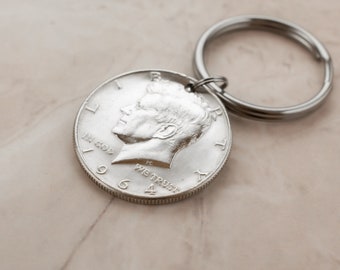 1964 Silver Half Dollar Coin Keychain Keyring - 60th Birthday Gift for Men, Thoughtful Milestone Birthday Gift for Grandpa, Dad, Anniversary