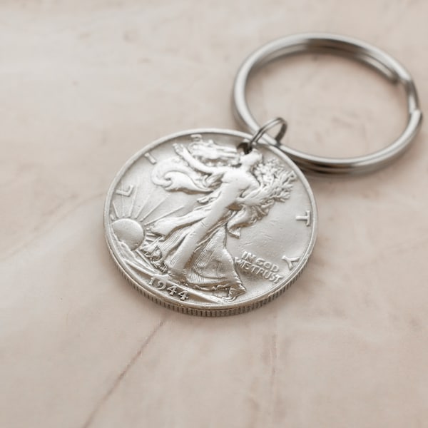 1944 Silver Half Dollar Coin Keychain Keyring - 80th Birthday Gift for Men - Milestone Birthday Gift for Grandpa - Thoughtful Gift for Dad