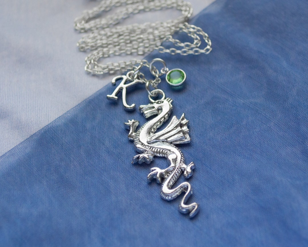 Dragon Charm Necklace With Personalized Birthstone and Initial, Fantasy
