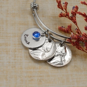 1970 Double Nickel Name Bracelet, Personalized 55th Birthday Gift for Mom Milestone 55th Anniversary Present for Grandma Vintage Coin Charms