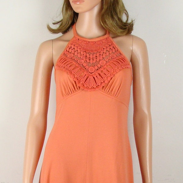 Vintage Maxi Dress 70s Halter Dress Orange Crochet Top Summer Sun Dress Bohemian Empire Waist Tie Neck Flowy
