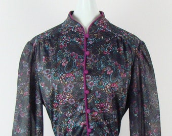 Vintage Dress 70s Sheer Sleeve Fit and Flare Mandarin Collar High Neck Oriental 1970s Boho Prairie Paisley Floral Print Bohemian Secretary