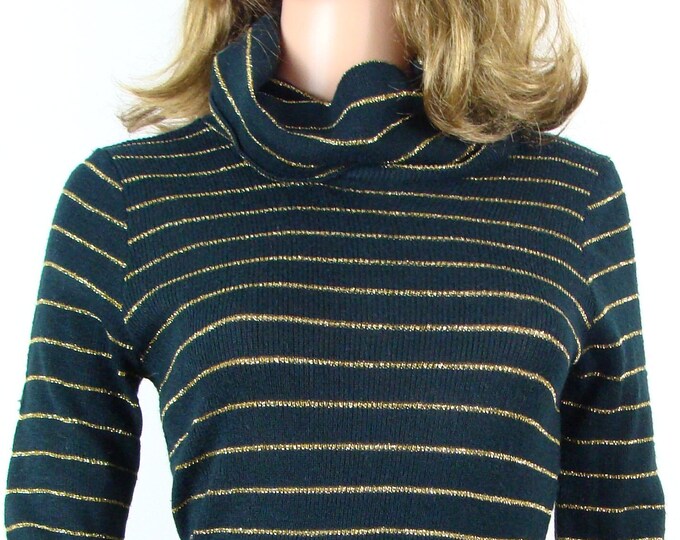 Vintage Lurex Turtlneck Sweater 70s Black and Gold Striped Sweater