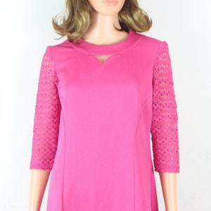Vintage Hot Pink Dress 60s Cut Out Sheath Dress with Crochet Sleeves 1960s Mod Retro Pop of Color Fun