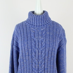 Vintage Turtleneck Sweater 80s Cable Knit Sparkly Lurex Metallic Knit Leslie Fay Chunky Sweater Warm Cozy Glam Ribbed Purple 1980s Festive