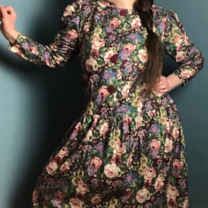 Vintage Granny Dress 80s Drop Waist Floral Print Midi Dress Puff Sleeve Prairie Dress Cottagecore