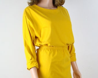 Vintage 2 Piece Set 80s Cotton Long Sleeve Tunic Top & Elastic Waist Midi Skirt With Slit Mustard Yellow Small Newport News Capsule Wardrobe