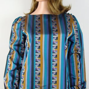 Vintage Printed Blouse 80s Geometric Stripes Boat Neck Long Sleeves