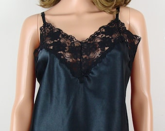 Vintage Lace Trim Cami 80s Black Silky Camisole Top Adjustable Straps Size Large