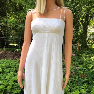 Vintage Cotton Gauze 70s Maxi Dress White Smocked Top Tie Straps Flowy Sun Dress Boho Hippie Bohemian Romantic Airy Handmade Lined 1970s