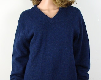 Vintage Puritan Sweater 70s V Neck Pullover Wool Blend Navy Blue Cozy Classic Size Large Made in USA