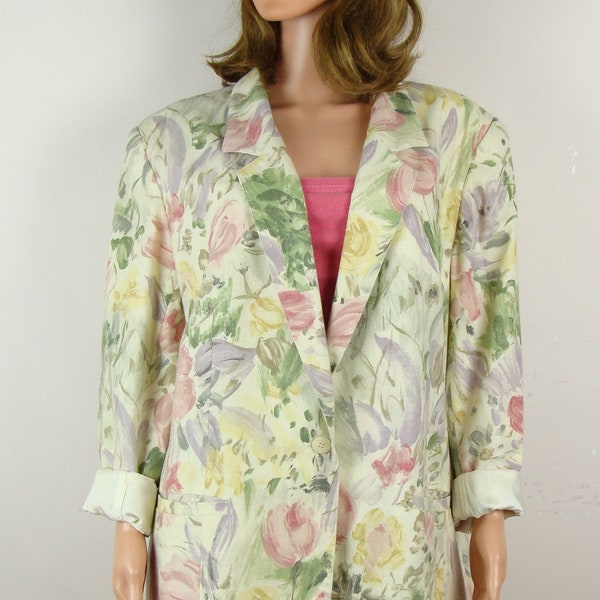 Vintage Oversized Blazer 80s Floral Print Pastel 90s Painterly Watercolor Flowers Suit Dress Worthington Spring Summer Jacket