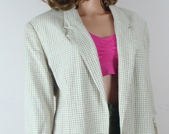Vintage Oversized Blazer 90s Neutral Gingham Chic Classic Shoulder Pads Minimalist Boxy Jacket Linen Blend Woven