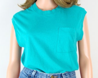 Vintage Muscle Tee 80s Fruit of the Loom Pocket Tank Single Stitch Cotton Size Small Made in USA Green Sleeveless T-Shirt Muscle Shirt