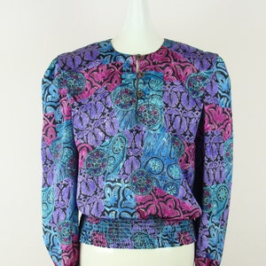 Vintage Puff Sleeve Blouse 80s Silky Jacquard Printed Top 1980s Blousey Shoulder Pads Secretary Blouse Colorful Floral Power Shoulder Glam