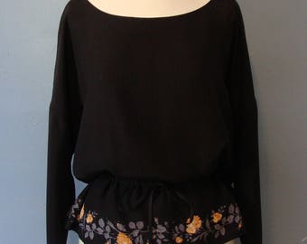 Vintage Geoffrey Beene Peasant Top 70s Floral Trim Drawstring Waist
