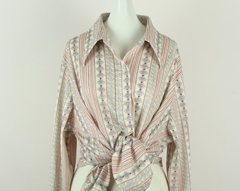 Vintage Button Down Shirt 70s Disco Collar Printed Blouse Top 1970s Fall Striped Diamond Lines Sears The Shirt Polyester Secretary Classic