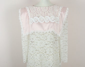 Vintage Sheer Lace Dress 80s Jessica McClintock Puff Sleeve Sailor Collar Pink Satin