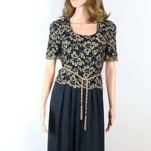 Vintage Jumpsuit 90s Black Gold Lace Wide Leg Palazzo Pants 1990s Shoulder Pads Short Sleeves Gold Metallic Lurex Glam Wide Leg Jumpsuit