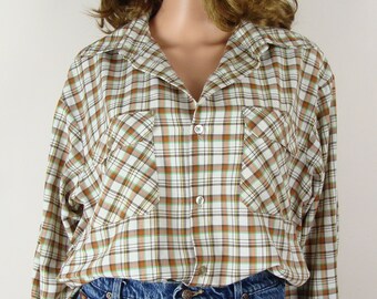 Vintage Plaid Button Down Shirt 70s Big Mac JC Penny Size Large Oversized Western Style Work Shirt Fall Back to School Collared Shirt 1970s