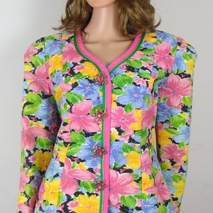 Vintage Floral Print Blazer 80s Colorful Jacket with Flower Buttons Textured Cotton Spring Blazer Size 12