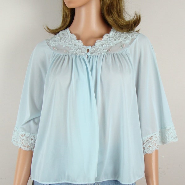 Vintage Bed Jacket 70s Shadowline Pale Blue Lace Trim Embroidered Flowers Size Large Nylon Flowy Lingerie Top Layering Piece