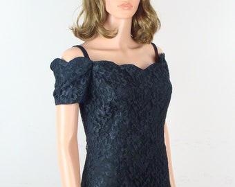 Vintage Off The Shoulder Dress, 80s Party Dress, Black Lace Cocktail Dress, Scalloped Edge Wiggle Dress, Classic Little Black Dress