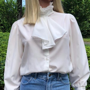 Vintage Edwardian Style Blouse 70s Prairie Secretary Blouse White Ruffles Mock Neck Puff Sleeve Romantic 80s Jonathan Martin Poet