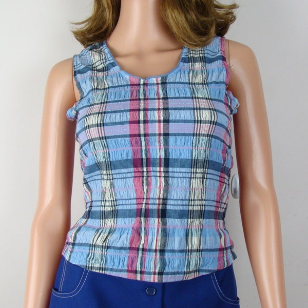 Vintage Plaid Tank Top 90s Arizona Jeans Company Stretchy Ruched Material Made in India Cotton Spandex Size Large Textured Shirt