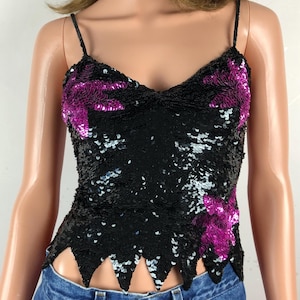 Vintage Sequin Tank Top 70s Disco Glam Black Pink Stars Flowers Zig Zag Hem Spaghetti Strap Flashy Fabulous Glam Sparkly