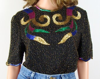 Vintage Sequin Top 80s Beaded Silk Blouse Laurence Kazar Colorful Scalloped Edge Short Sleeve Flashy Fabulous Glam Party Keyhole Scroll