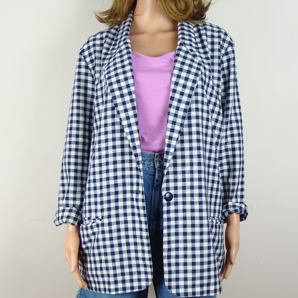 Vintage Oversized Blazer 80s Gingham Lightweight Spring Jacket Longer Length Pockets Made in USA