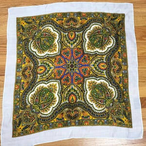 Vintage Paisley Scarf 70s Boho Hippie Bohemian Square Scarf Acrylic Hand Screen Printed 1970s