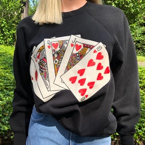 Vintage Playing Card Sweatshirt 80s Royal Flush Poker Printed Pullover Hearts 90s Novelty Fun Kitsch Retro Vegas