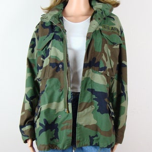 Vintage Army Jacket 80s Cold Weather Field Woodland Camouflage Coat Drawstring Waist Anorak Style Military Issue Hide Away Hood Camo