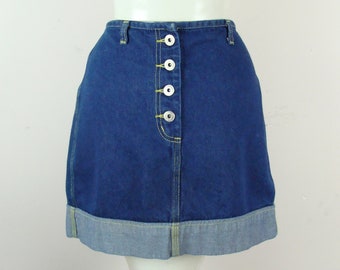 Y2K Denim Mini Skirt, 2000s Express Bleus Jean Skirt, Dark Wash Denim, Button Fly Front, Cuffed Hem Skirt, Size 8