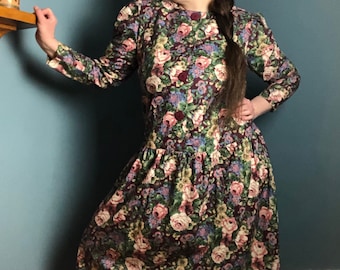 Vintage Granny Dress 80s Drop Waist Floral Print Midi Dress Puff Sleeve Prairie Dress Cottagecore