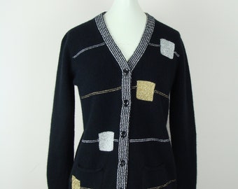 Vintage Cardigan Sweater 70s Lurex Metallic Thread V-Neck