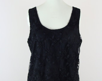 Vintage Lace Tank Top 80s Black Shell Chic Classic Black Lace Lined 1980s Glam Floral Lace Scalloped Edge Wrapper USA Scoop Neck Size Medium