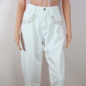 Vintage Bedazzled Studded Jeans 80s Frederick's of Hollywood White Denim High Waisted Tapered Leg Relaxed Fit Rhinestone Boom Boom Jeans